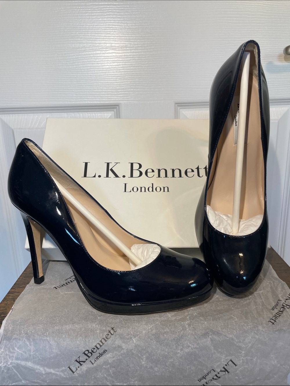 L.K. Bennett Navy Patent Platform Stiletto Pumps